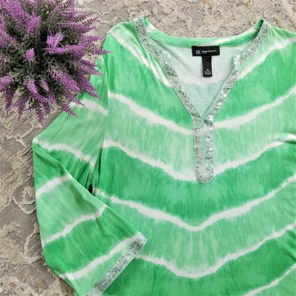 INC International Concepts Top Tunic Green & White Tie Dye Sequins Size 0X - Picture 7 of 12